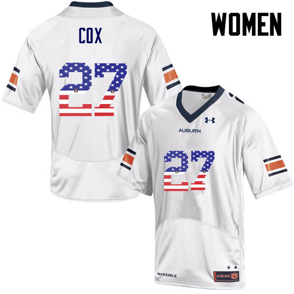 Women #27 Chandler Cox Auburn Tigers USA Flag Fashion College Football Jerseys-White - Click Image to Close